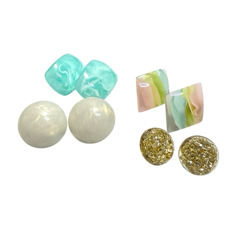 Vintage MCM Moon glow Gold flake Lucite Cabochon Pierced Stud Post Earrings Lot